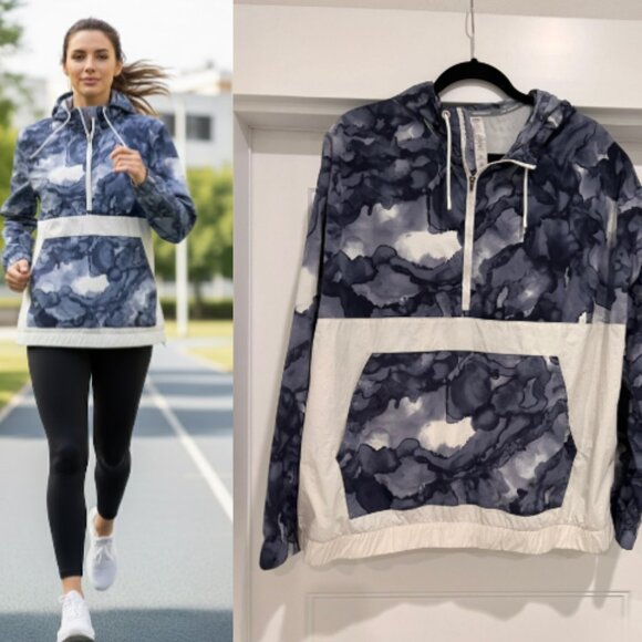 New Balance Women Blue & White Abstract Hooded Windbreaker, 2X - Picture 1 of 9